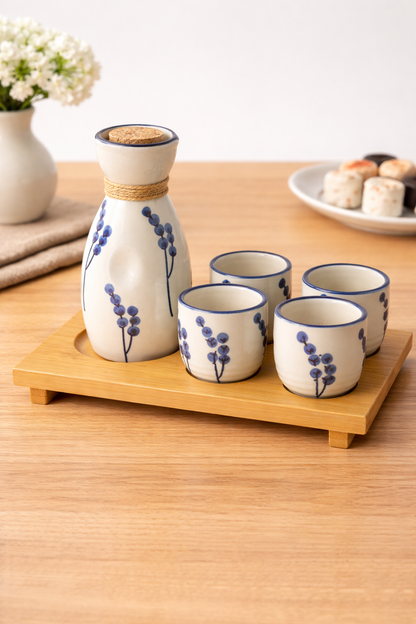 Ceramic Sake Set with Bamboo Tray – Japanese Style