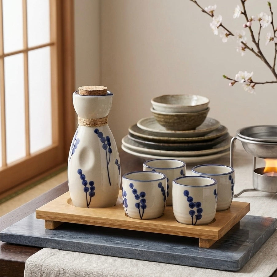 Ceramic Sake Set with Bamboo Tray – Japanese Style